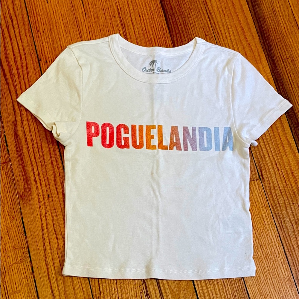 American Eagle Outfitters White Tee with Colorful POGUELANDIA Print